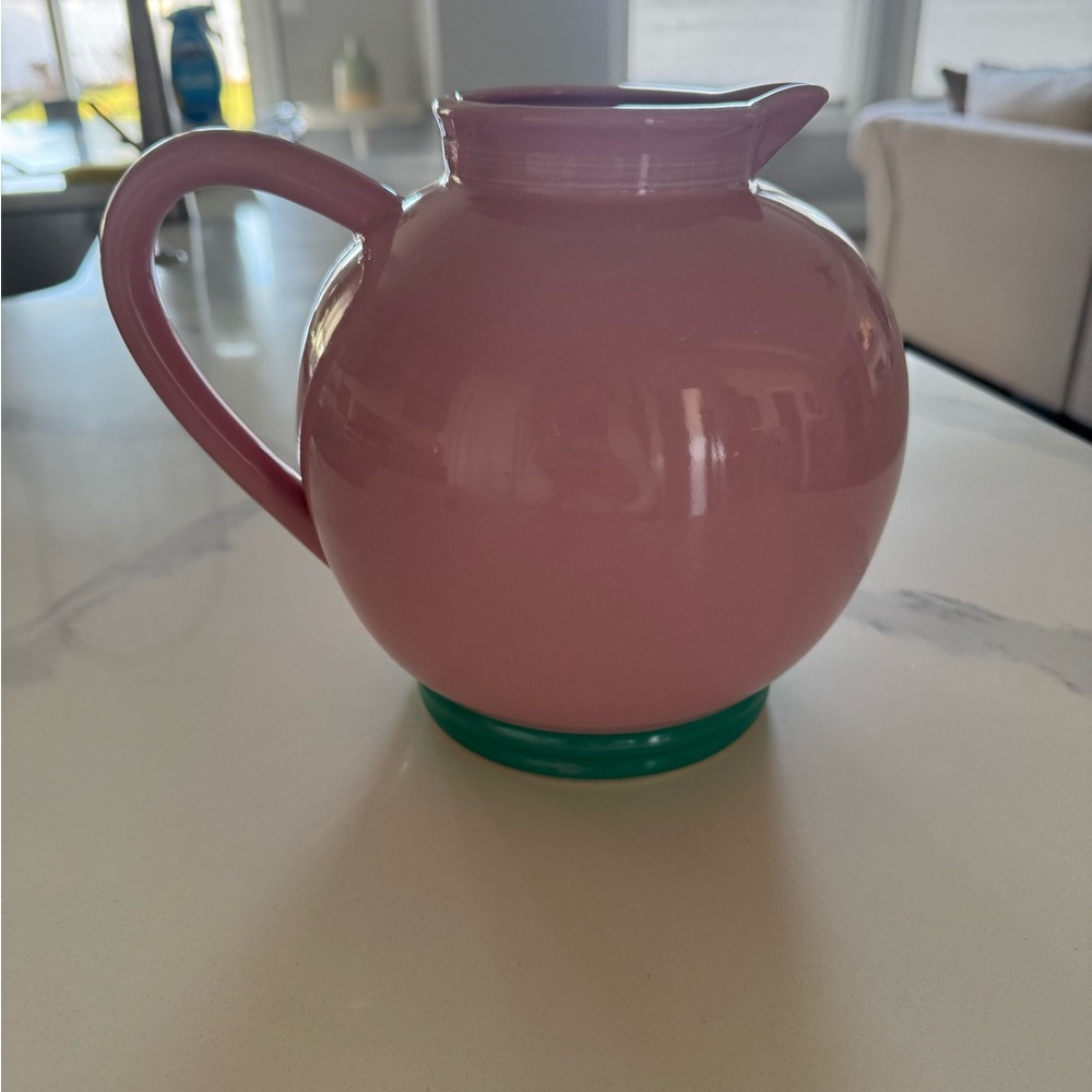 Lindt-Stymeist Pink Ceramic Pitcher with Blue Base Vintage 1980’s
